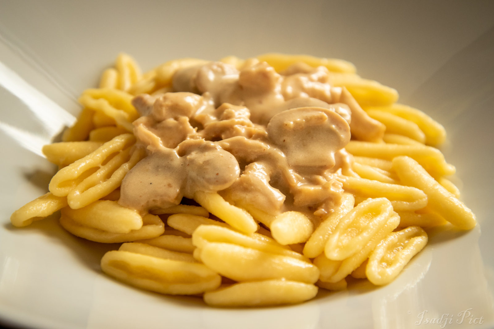 Cicatelli de Farabella, pâtes fraîches sans gluten sauce à la crème avec du poulet et des champignons